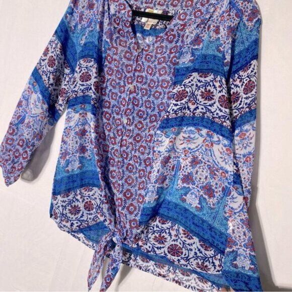 Fig And Flower Blue Red White Multi Print Boho tTie Front Semi Sheer Blouse M - Picture 8 of 15